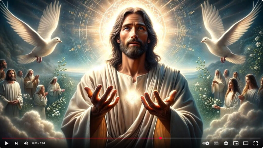 Image représentant Jésus debout, de face, les paumes des deux mains tournées vers le ciel, au milieu de sœurs et de frères vêtus de blanc et de deux colombes de la paix. En cliquant sur cette image vous pouvez accéder à la vidéo correspondant au nouveau clip de présentation de notre chaîne YouTube intitulée @Marie-Ange, de la Confrérie Céleste du Christ.