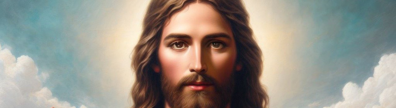 Image représentant Jésus de face, avec un halo de lumière autour de sa tête, sur un fond de ciel bleu avec des nuages blancs sur les côtés. Cinquième photo du diaporama situé en haut de la page Accueil du site de la Confrérie Céleste du Christ.