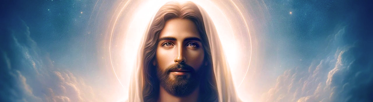 Image représentant Jésus de face dans un halo de lumière, portant un voile sur la tête, sur un fond de nuées bleues. Première photo du diaporama situé en haut de la page Accueil du site de la Confrérie Céleste du Christ.
