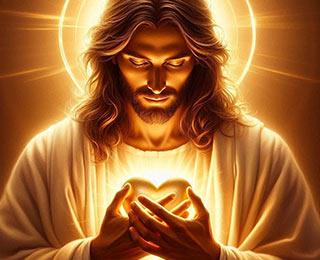 Image représentant Jésus debout, tête baissée et les yeux fermés. Un halo de lumière placé derrière sa tête émet des rayons lumineux. Les mains de jésus sont posées, croisées sur sa poitrine où est dessiné un cœur lumineux. La main gauche est placée au-dessus de la main droite. Sixième image de la galerie située en bas de la page Accueil du site de la Confrérie Céleste du Christ.