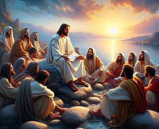 Image représentant Jésus assis au milieu de ses disciples sur une grande pierre au bord d’un lac. Il tient un livre dans ses mains. Ses disciples semblent l’écouter. Huitième image de la galerie située en bas de la page Accueil du site de la Confrérie Céleste du Christ.