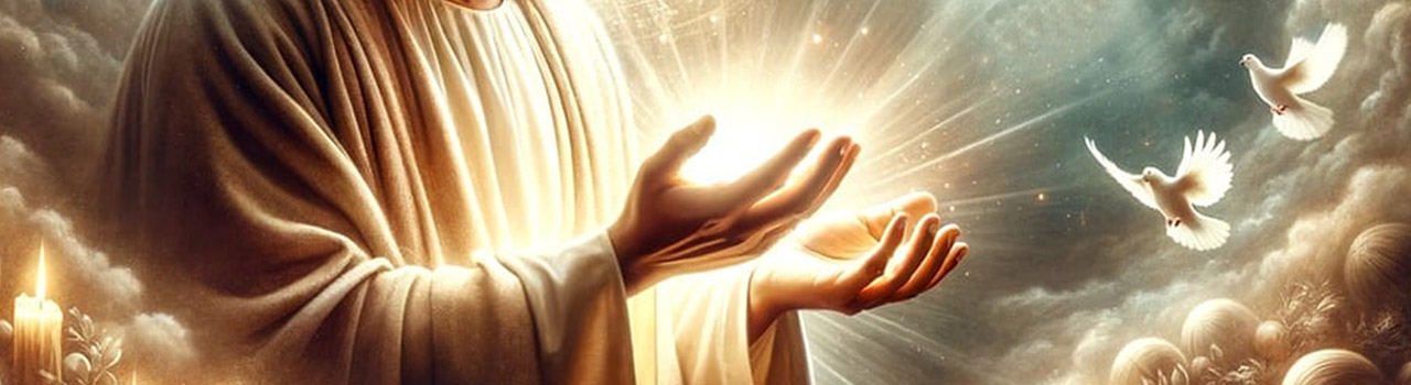 Image représentant les deux mains de Jésus, paumes tournées vers le haut et tenant une boule de lumière étincelante. Des colombes blanches semblent venir vers Jésus. Jésus et les colombes sont dans la lumière. Ils sont entourés de nuées plutôt sombres. Cette image symbolise la rubrique Nos activités / Livres du site de la Confrérie Céleste du Christ.