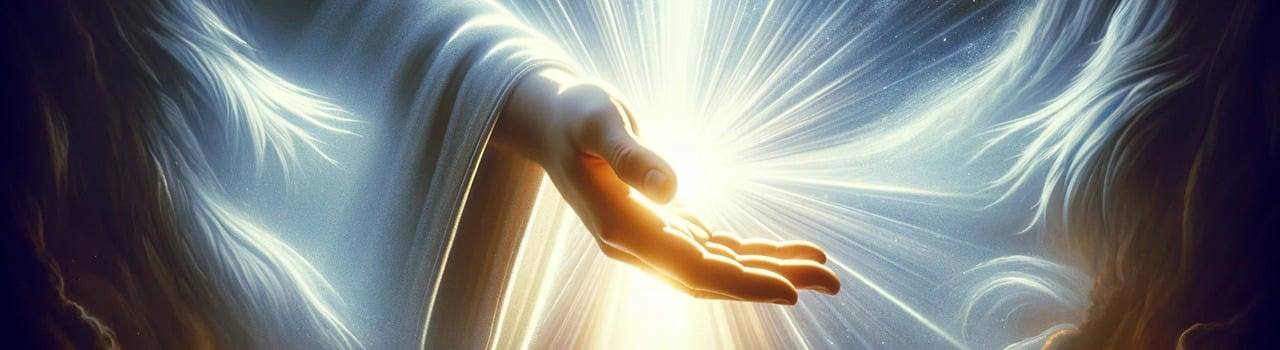 Image représentant une très grande main droite ouverte, paume tournée vers le haut, et le poignet, sortant d’une manche blanche très large. De cette main jaillissent des rayons de lumière blanche si puissants qu’ils illuminent l’obscurité environnante jusqu’à la faire disparaître. Troisième photo du diaporama situé en haut de la page Accueil du site de la Confrérie Céleste du Christ.