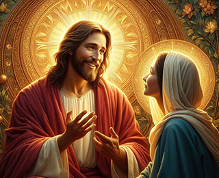 Image représentant Jésus et Marie en train de discuter. Neuvième image de la galerie située en bas de la page Accueil du site de la Confrérie Céleste du Christ.