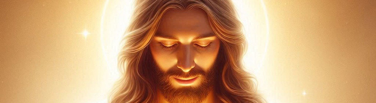 Image représentant Jésus de face, la tête baissée devant un halo de lumière, les yeux fermés, dans un moment de profond recueillement. Cette image symbolise la rubrique Nos activités / Prières du site de la Confrérie Céleste du Christ.