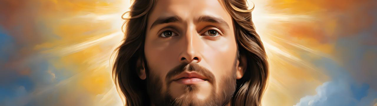 Image représentant le visage de Jésus, de face, sur un fond coloré, bleu, jaune et orange. Des rayons de Lumière s’échappent d’une source de Lumière que l’on ne voit pas et qui est placée derrière la tête de Jésus. Cette image symbolise la rubrique Nos activités / Audios du site de la Confrérie Céleste du Christ. Les audios rassemblés dans cette rubrique sont des enregistrements des Psaumes Vivants de Jésus révélés à un de nos frères.
