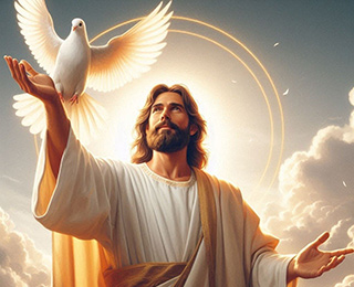 Image représentant Jésus debout, le bras droit un peu au-dessus de l’horizontale, l’avant-bras gauche à l’horizontale. Les paumes des deux mains sont tournées face au ciel. Une colombe blanche vient se poser sur le bras droit de Jésus. Jésus sourit et regarde vers le ciel. Deux grandes auréoles dorées apparaissent derrière lui. Septième image de la galerie située en bas de la page Accueil du site de la Confrérie Céleste du Christ.