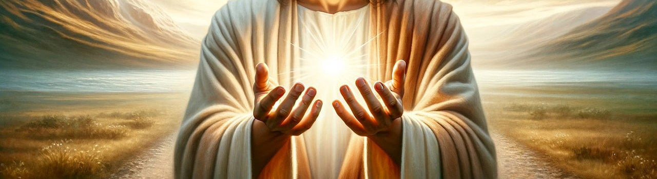 Image représentant les deux mains de Jésus se tenant de face, paumes tournées vers le haut, portant une boule de lumière blanche, d’où sortent des rayons. Jésus est sur un chemin dans une prairie. Cette image symbolise la rubrique Soins / Soins pour les animaux du site de la Confrérie Céleste du Christ.