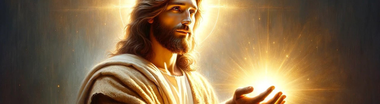 Image représentant Jésus de trois quart, tourné vers la gauche, la tête dans un halo de lumière et portant dans sa main droite, ouverte, paume tournée vers le haut, une boule de lumière blanche émettant des rayons jaunes dans toutes les directions. Quatrième photo du diaporama situé en haut de la page Accueil du site de la Confrérie Céleste du Christ.