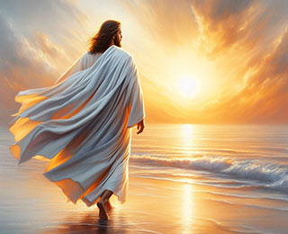 Image représentant Jésus, vu de dos trois quart, marchant sur la plage et se dirigeant vers le soleil couchant. Dixième image de la galerie située en bas de la page Accueil du site de la Confrérie Céleste du Christ.