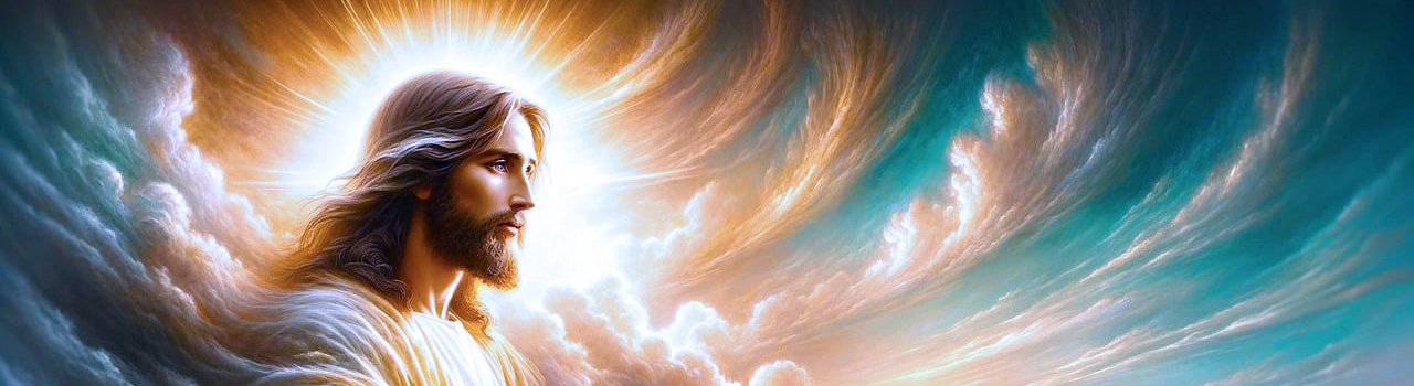Image représentant Jésus de profil, la tête entourée d’une lumière blanche resplendissante qui semble effacer les nuées autour de lui en les éclaircissant et en les dispersant devant lui. Le fond de l’image est un bleu turquoise. Cette image symbolise la rubrique Nos activités / Vidéos du site de la Confrérie Céleste du Christ.