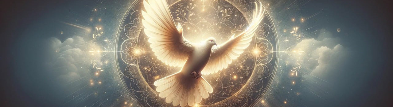 Image représentant une colombe blanche en vol ayant les ailes déployées devant un disque bleu foncé orné de feuilles végétales et d’arabesques dorées, d’où jaillissent des rayons de lumière dans toutes les directions. La colombe est représentée dans la lumière. Le fond est bleu foncé avec quelques nuées blanches à droite et à gauche. Cette image symbolise la rubrique Nouveautés du site de la Confrérie Céleste du Christ.