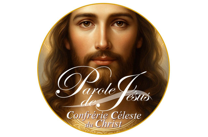 Image représentant Jésus de face dans un médaillon. Seul son visage à partir du dessus de ses sourcils jusqu’au bas du cou est visible. L’Ensemble est représenté dans des tons jaunes chauds. En bas de l’image est écrit en deux polices différentes en blanc : Parole de Jésus et Confrérie Céleste du Christ. Parole de Jésus est le nom de la nouvelle chaine YouTube de la Confrérie Céleste du Christ.