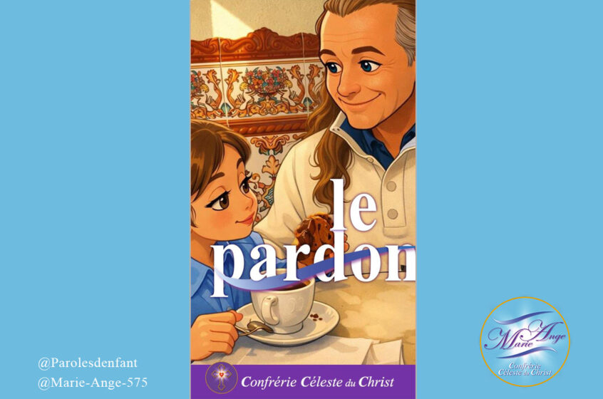 Image représentant un père et sa petite fille assis à une table dans un café. La petite fille mange un pain aux raisins qu’elle a trempé dans une tasse de chocolat chaud. Tous les deux sont souriants. Le papa répond aux questions de son enfant. Il s’agit de la première vidéo de la nouvelle chaîne pour enfants de la Confrérie Céleste du Christ : Paroles d’enfant. Le papa explique à son enfant ce que signifie le pardon.