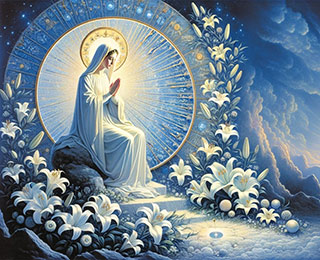 Image représentant Sainte Mère Marie en prière, vêtue de blanc, entourée de fleurs de Lys blancs, assise dans un halo de Lumière, sur un fond de nuées bleues. Première image de la galerie située en bas de la page Accueil du site de la Confrérie Céleste du Christ.