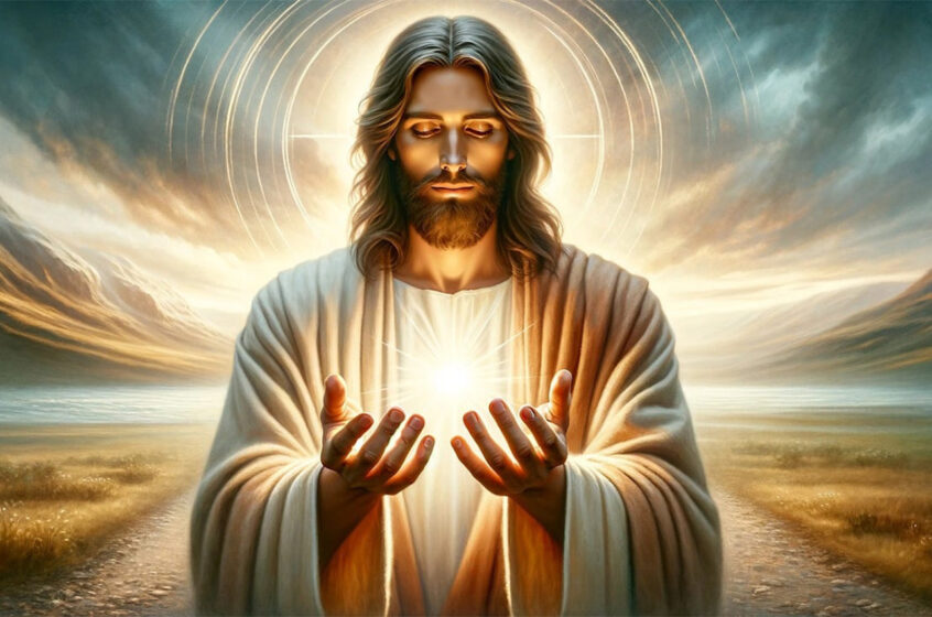 Image représentant Jésus de face jusqu’à la taille. Jésus se tient debout au milieu d’un chemin, bordé de part et d’autre d’herbe et de petites fleurs sauvages. Ses bras sont pliés vers l’avant, ses paumes tournées vers le ciel. Dans ses mains semble être posée une étoile de Lumière étincelante. Le fond de l’image est tapissé de Lumière et nuées de différentes couleurs. Jésus a les yeux fermés. Une dizaine d’auréoles dorées et concentriques apparaissent derrière sa tête, symbolisant la propagation de la Lumière. La Confrérie Céleste du Christ propose des soins énergétiques selon l'enseignement de Jésus en témoignant de l'amour et du respect envers toute la Création.