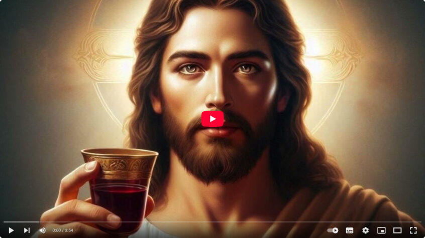 Image représentant Jésus de face, tenant dans sa main droite un calice à moitié rempli de vin et dans sa main gauche un petit pain.