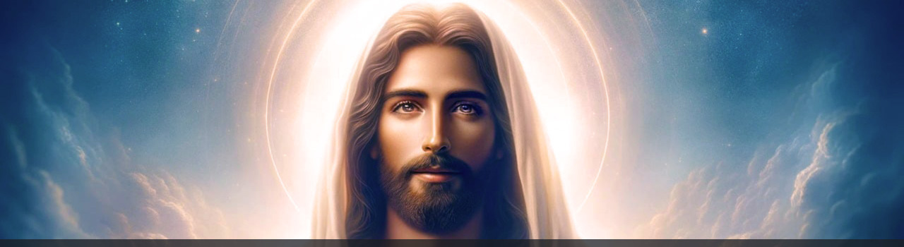Image représentant Jésus de face dans un halo de lumière, portant un voile sur la tête, sur un fond de nuées bleues. Première photo du diaporama situé en haut de la page Accueil du site de la Confrérie Céleste du Christ.