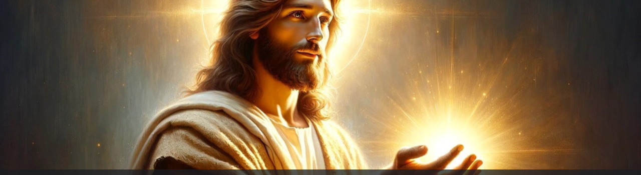 Image représentant Jésus de trois quart, tourné vers la gauche, la tête dans un halo de lumière et portant dans sa main droite, ouverte, paume tournée vers le haut, une boule de lumière blanche émettant des rayons jaunes dans toutes les directions. Quatrième photo du diaporama situé en haut de la page Accueil du site de la Confrérie Céleste du Christ.