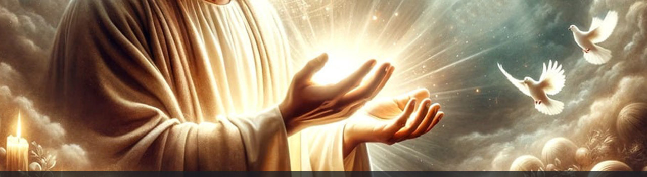 Image représentant les deux mains de Jésus, paumes tournées vers le haut et tenant une boule de lumière étincelante. Des colombes blanches semblent venir vers Jésus. Jésus et les colombes sont dans la lumière. Ils sont entourés de nuées plutôt sombres. Cette image symbolise la rubrique Nos activités / Livres du site de la Confrérie Céleste du Christ.