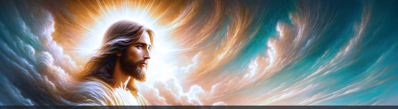 Image représentant Jésus de profil, la tête entourée d’une lumière blanche resplendissante qui semble effacer les nuées autour de lui en les éclaircissant et en les dispersant devant lui. Le fond de l’image est un bleu turquoise. Cette image symbolise la rubrique Nos activités / Vidéos du site de la Confrérie Céleste du Christ.