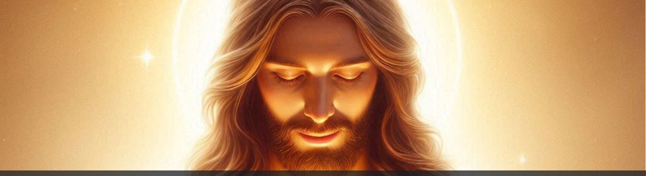 Image représentant Jésus de face, la tête baissée devant un halo de lumière, les yeux fermés, dans un moment de profond recueillement. Cette image symbolise la rubrique Nos activités / Prières du site de la Confrérie Céleste du Christ.