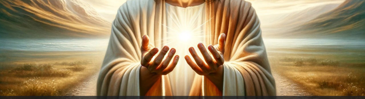 Image représentant les deux mains de Jésus se tenant de face, paumes tournées vers le haut, portant une boule de lumière blanche, d’où sortent des rayons lumineux. Jésus est sur un chemin dans une prairie. Cette image symbolise la rubrique Soins / Soins pour les personnes du site de la Confrérie Céleste du Christ.